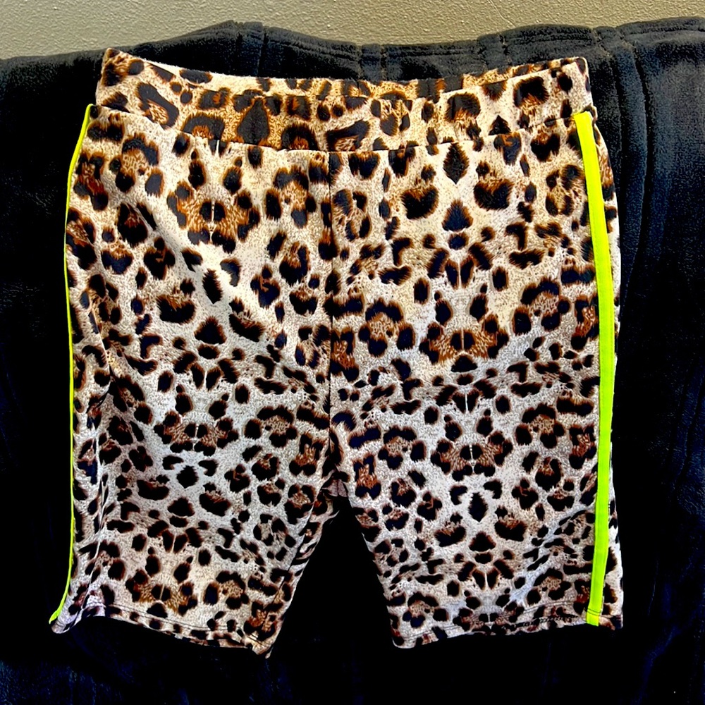 Brand New leopard print, biker shorts with single neon green strips on sides